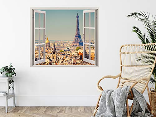 Pegatinas 3D Vinilo Ventana Varias Medidas 150x130cm | Adhesivo Incluido | Decoracion Habitación |Paris, Torre Eiffel Vista panoramica Diseño Elegante |