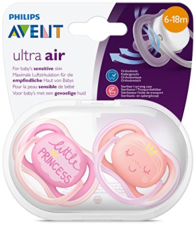 Philips Avent SCF343/22 - Pack con 2 chupetes Ultra Air decorados, de 6 a 18 meses, niña, color coral y rosa