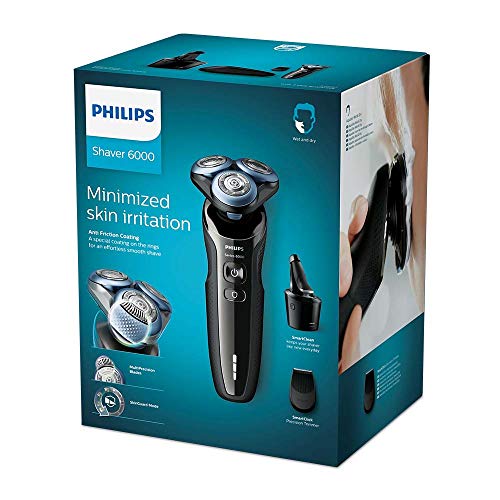 Philips Serie 6000 S6680/26 - Máquina de afeitar con recortador de barba, uso en seco/húmedo con Sistema SmartClean, 60 min de batería incluye recortador de precisión y funda de viaje, color negro