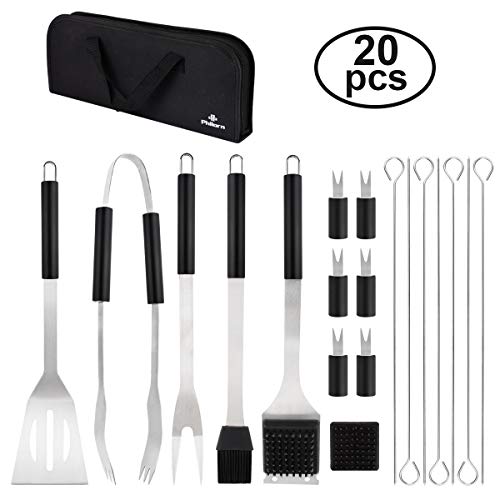 PHILORN Herramienta Barbacoa [20Pcs] Accesorios de Barbacoa de Acero Inoxidable, Utensilios Parrilla con Espátula Pinzas Tenedores Pinceles Brochetas Sostenedores Maíz y Bolsa Fácil de Transportar