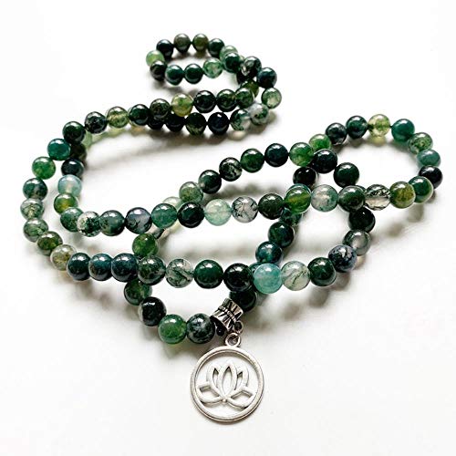 Piedra de ágata verde musgo natural cuentas de cristal cristales espirituales flor de loto 108 collar de cuentas de Mala de oración budista personalizado 1 pieza