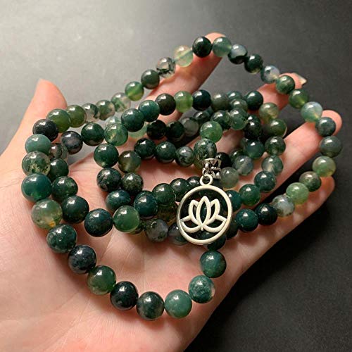 Piedra de ágata verde musgo natural cuentas de cristal cristales espirituales flor de loto 108 collar de cuentas de Mala de oración budista personalizado 1 pieza