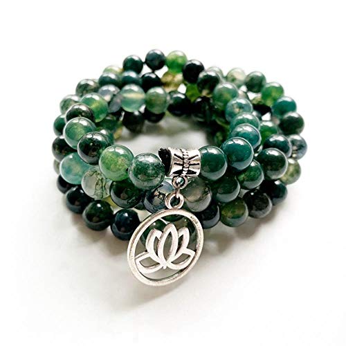 Piedra de ágata verde musgo natural cuentas de cristal cristales espirituales flor de loto 108 collar de cuentas de Mala de oración budista personalizado 1 pieza