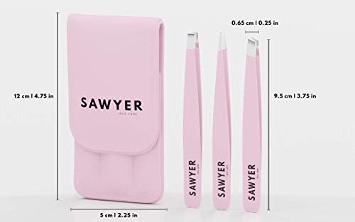 Pinzas de Depilar – Juego de Pinzas Depilar de Punta Oblicua de Acero Inoxidable 3 Unidades + Estuche de Cuero para Cejas y Extensiones de Pestañas – Pinza Depiladora Cejas Mujer por Sawyer Self-Care