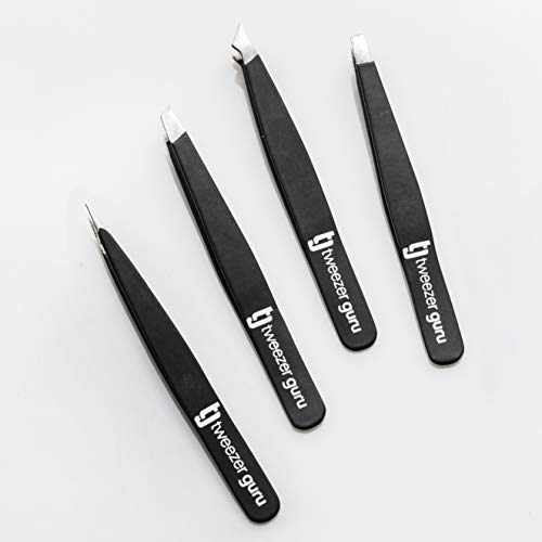 Pinzas de Depilar Profesionales Tweezer Guru Para Cejas (Set de 4) – Pinza Punta Acero Inoxidable – Gran Precisión para Pelos Faciales, Pelos Encarnados, Espinillas y Astillas (Negro)