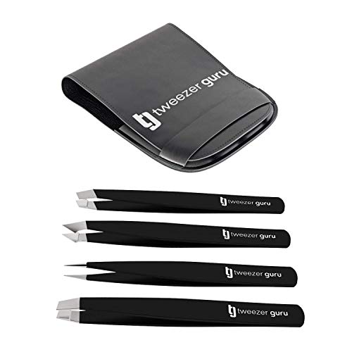 Pinzas de Depilar Profesionales Tweezer Guru Para Cejas (Set de 4) – Pinza Punta Acero Inoxidable – Gran Precisión para Pelos Faciales, Pelos Encarnados, Espinillas y Astillas (Negro)