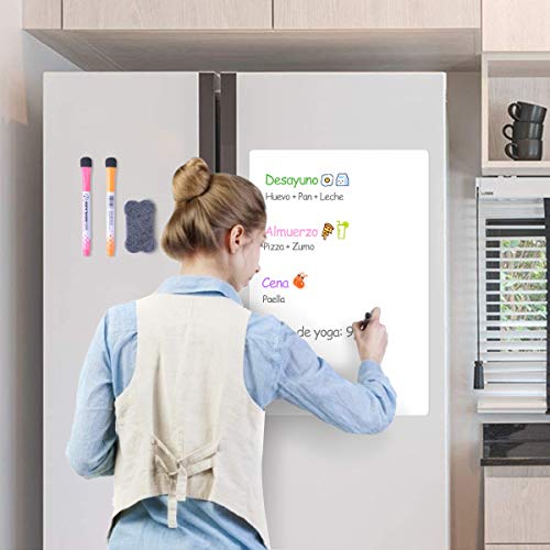 Pizarra Magnética Blanca para Nevera Tablero Magnético Refrigerador A3+ Tablero Recordatorio para Hogar Oficina, Pizarra de Planificación para Reuniones con Borrador y 6 Rotuladores de Color 50*30cm