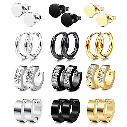 PROJEWE 12 Pares Aro Pendientes Hombres de Acero Inoxidable para Hombre Mujer Circonita Redondos Huggie Pendientes CZ Piercing Hipoalergeniños Oro Negro Plateado