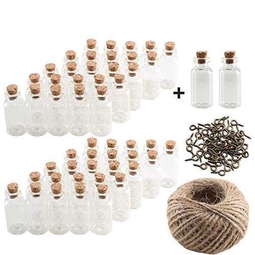 Pulluo 50+2pcs Mini Botellas de Cristal 5 ml Botes de Cristal con Tapón de Corcho Botellas de Vidrio con 30 m Cuerda Tornillos de Ojo Botella de Mensaje Manualidad Decorando Bodas Bautizos Comuniones