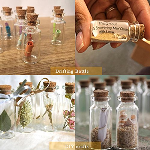 Pulluo 50+2pcs Mini Botellas de Cristal 5 ml Botes de Cristal con Tapón de Corcho Botellas de Vidrio con 30 m Cuerda Tornillos de Ojo Botella de Mensaje Manualidad Decorando Bodas Bautizos Comuniones