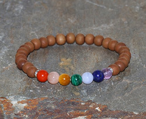 Pulsera de 7 Chakras Amatista, Lapislázuli, Calcedonia Azul, Malaquita, Ojo de Tigre Oro, Piedra Luna Melocotón y Jaspe Rojo con Sándalo de 6 mm, Pulsera de Meditación Budista, Joyería Yoga Chakra