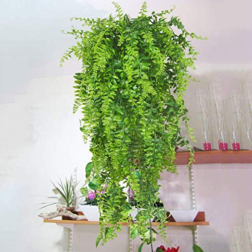 REFURBISHHOUSE Helecho Persa Ratán Falso Colgando Faux Colgante Boston Helechos Flores Vine Plantas de Plástico Al Aire Libre para Pared Cestas Colgantes de Interior Garland Decor-2 Pcs