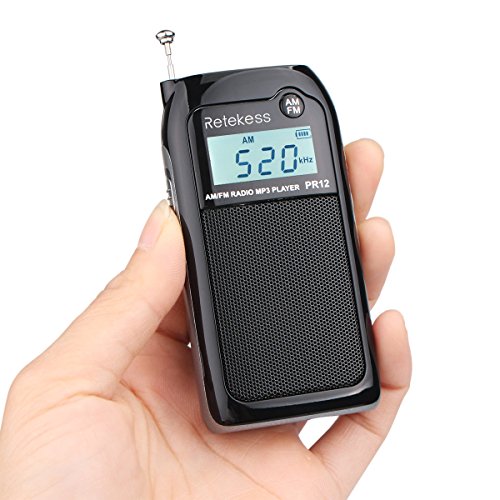 Retekess PR12 Am FM Radio de Bolsillo Sintonización Digital Mini Transistor Portátil DSP Reproductor MP3 Soporte para Tarjeta SD con Batería Recargable (Negro)