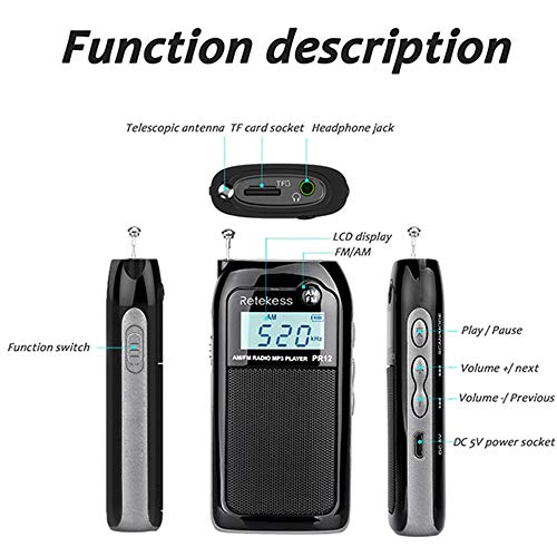 Retekess PR12 Am FM Radio de Bolsillo Sintonización Digital Mini Transistor Portátil DSP Reproductor MP3 Soporte para Tarjeta SD con Batería Recargable (Negro)