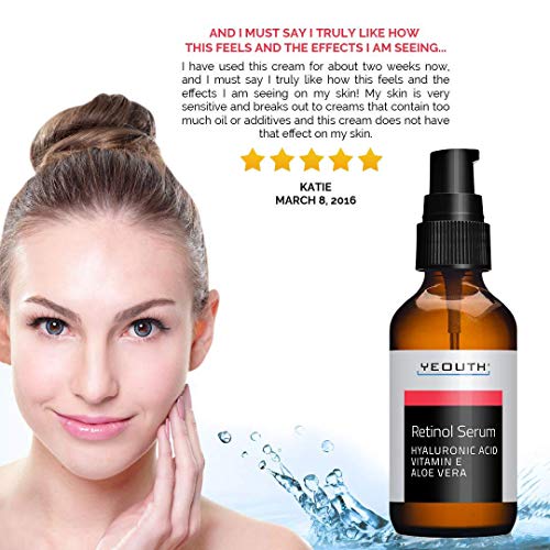 Retinol Serum 2.5% con ácido hialurónico, Aloe Vera, Vitamina E - Aumenta la producción de colágeno, Reduce arrugas, líneas finas - 1 oz - Yeouth (2oz)