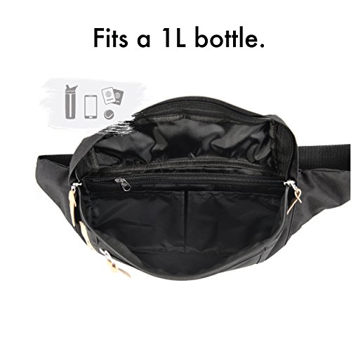 Riñonera XXL de Nomalite | Riñonera/cinturón de Marcha Negra Waterproof/Resistente al Agua de Hombre y Mujer con Cuero y 4 Bolsillos (Total 2L) para iPhone. Ideal para Viaje, Trekking, Deporte.