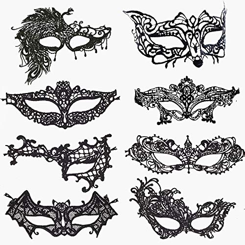 Rmeet Mascaras Venecianas,Máscara de Encaje 8 Pack Mascaras Carnaval con Bandas Elásticas para Mujeres Party Masquerade Halloween Fiesta Negro