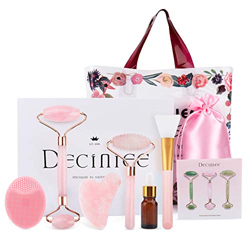 Rodillo de jade Deciniee, rodillo facial con juego de regalo de Gua Sha, juego de 6 piezas, herramienta de masaje de piel 100% natural de cuarzo rosa, rodillo facial para adelgazar y reafirmar rosa