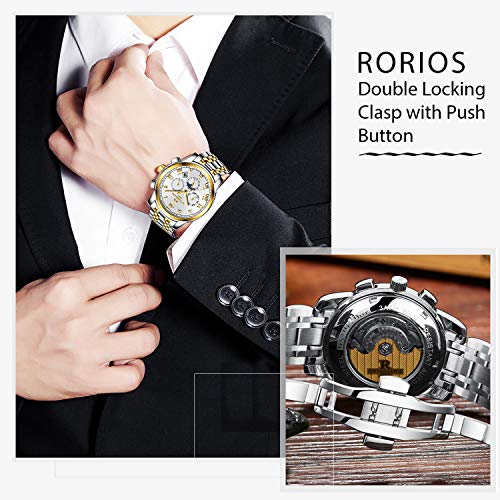 RORIOS Hombres Automático Mecánico Relojes de Pulsera Roman Number Business Acero Inoxidable Band Day Calendario Multifunción