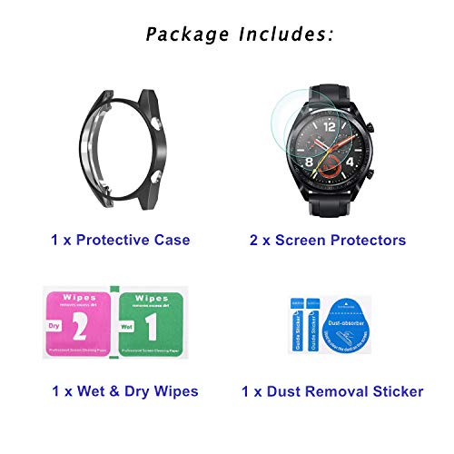 sciuU Set de Carcasa Protectora y Protector de Pantalla para Huawei GT Active 46mm 1ra Gen. Funda Flexible TPU Protectora + Templado Película Anti-Cero para Huawei GT Active/Sport/Classic - Negro