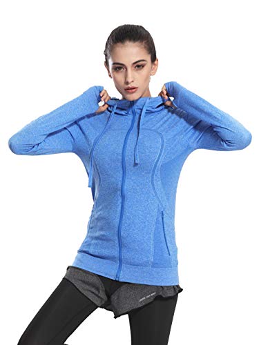 Selighting Chaquetas Deportivas Mujer Sudadera Fitness con Capucha y Cremallera de Manga Larga para Gimnasio,Gym,Running,Correr,Ciclismo (L, Azul)