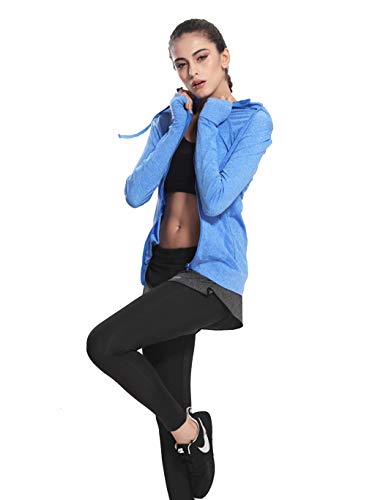 Selighting Chaquetas Deportivas Mujer Sudadera Fitness con Capucha y Cremallera de Manga Larga para Gimnasio,Gym,Running,Correr,Ciclismo (L, Azul)