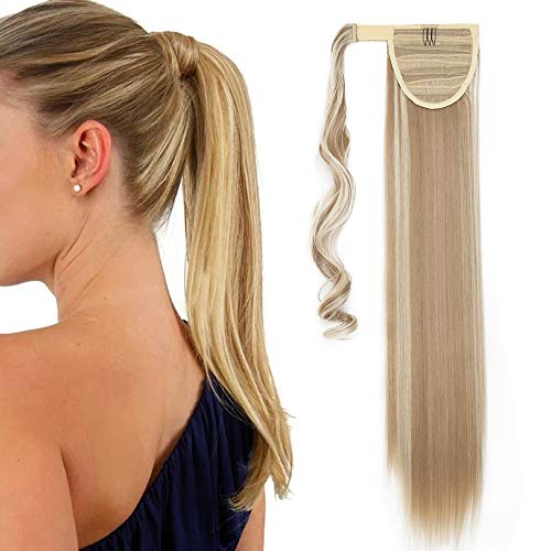 Silk-co Coleta Postiza de Pelo Sintético Liso con Clips Extensiones Cola de caballo Recto Largo postizo Cola de Caballo Extensiones Envolventes #Miel Rubia & Lejía Rubia (58cm,90g)