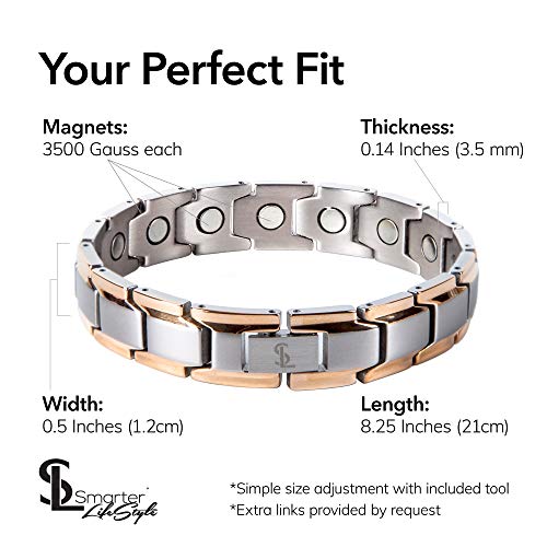 Smarter LifeStyle - Pulsera Elegante de Titanio Para Terapia Magnética y Que Alivia El Dolor de Artritis y Del Túnel Carpiano Color Plata & Oro Dorado