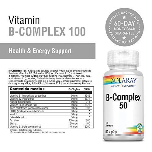 SOLARAY® B complex 50. 50 VegCaps. Las Vitaminas B contribuyen al normal funcionamiento del sistema nervioso. Sin gluten. Apto para veganos.