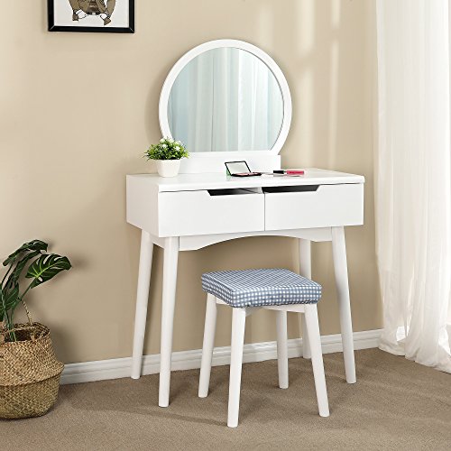 SONGMICS Tocador con Estilo Moderno, Mesa de Maquillaje, con 2 Cajones Grandes, con Corredera, Funda para Taburete Lavable, Blanco RDT11W