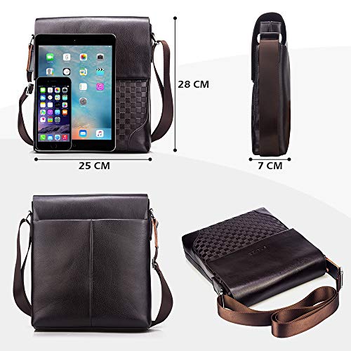 SPAHER Bolso Bandolera Cuero Hombre Piel Ipad Funda Messenger Bolsa Caballero Bolsa de negocios Crossbody Satchel Bolsa de viaje para vuelo Viaje Trabajo con ajustable Bandolera Marrón