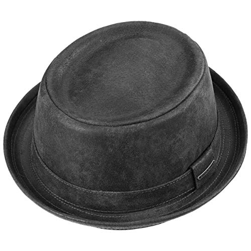 Stetson Pennsylvania Pigskin Porkpie Sombrero de Cuero de Hombre - Sombrero de Cuero de porcino - Pork Pie con Forro - Fedora en Look Desgastado Verano/Invierno Negro S (54-55 cm)