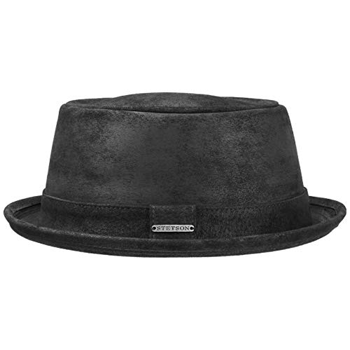 Stetson Pennsylvania Pigskin Porkpie Sombrero de Cuero de Hombre - Sombrero de Cuero de porcino - Pork Pie con Forro - Fedora en Look Desgastado Verano/Invierno Negro S (54-55 cm)