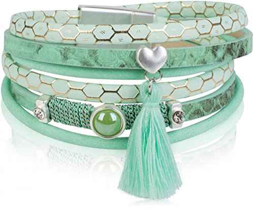 styleBREAKER Pulsera de Bobina con corazón y estrás, Perlas, Colgante de borlas, Cadena, Estampado de Serpiente, Cierre magnético, señora 05040056, Color:Menta