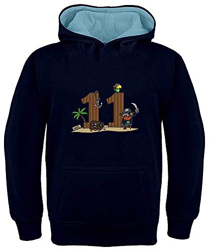 Sudadera con capucha para niños de Hariz, con diseño de pirata y texto en inglés "11 cumpleaños" Azul marino/azul cielo 12 años