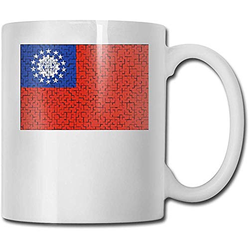 Taza de café de cerámica del rompecabezas de la bandera de Myanmar con la manija en C grande para el viaje casero de la oficina 11 onzas