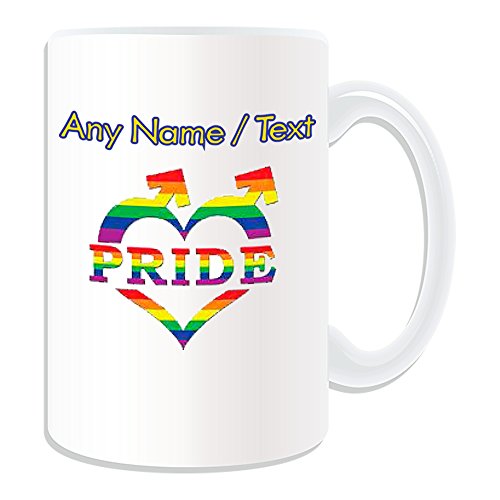 Taza de desayuno personalizable con diseño de corazón masculino (Homo Love Color Blanco) – Cualquier nombre Mensaje único – Homosexual Gay Lesbiana Bandera Arco Iris Orgullo Parade Kiss