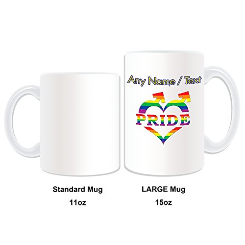 Taza de desayuno personalizable con diseño de corazón masculino (Homo Love Color Blanco) – Cualquier nombre Mensaje único – Homosexual Gay Lesbiana Bandera Arco Iris Orgullo Parade Kiss