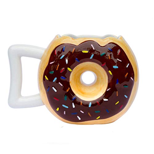 Taza de donut de cerámica - Deliciosa taza de donut con glaseado de chocolate con chispas - Divertido"MMM Donuts!" Cita - La mejor taza para café, té y más - Tamaño grande de 14 oz