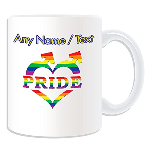 Taza de regalo personalizable, diseño de corazón masculino (Homo Love Design Blanco) – cualquier mensaje de nombre único – homosexual homosexual Gay lesbianas arco iris bandera Orgullo Desfile beso