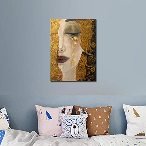 TELEGLO lágrimas Doradas Pinturas de Gustav Klimt Reproducción al óleo sobre Lienzo Pintado a Mano Hermosa Mujer Obra de Arte para decoración de Pared Alta Q 60X100CM