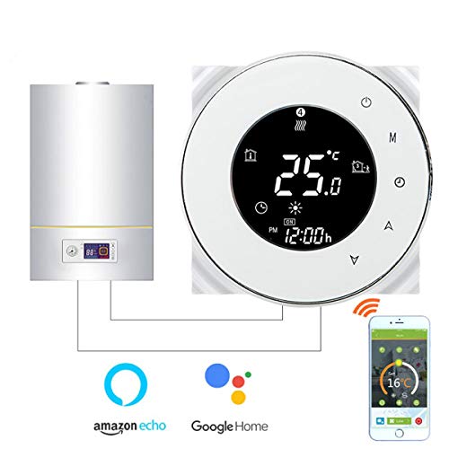 Termostato Wi-Fi per Caldaia a Gas,Termostato intelligente Schermo LCD(VA Schermo) Touch Button Retroilluminato Programmabile con Alexa etc e Telefono APP-Rotondo/Bianco