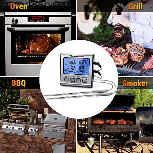 ThermoPro TP17 Termómetro Cocina Digital de Doble Sonda con Modo Temporizador Termómetros de Barbacoa con Grande Retroiluminación de LCD para BBQ Carne Alimentos Líquido Parrilla Horno