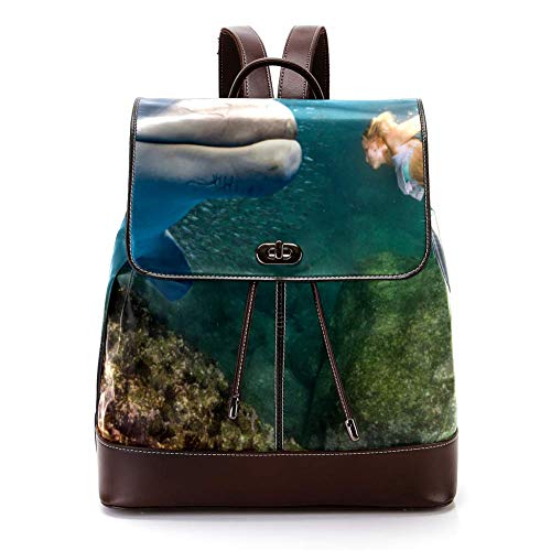 TIZORAX Dolphin Underwater Meets A Rubia Sirena PU Cuero Mochila Moda Bolso de Hombro Mochila Bolsa de Viaje para Mujeres Niñas