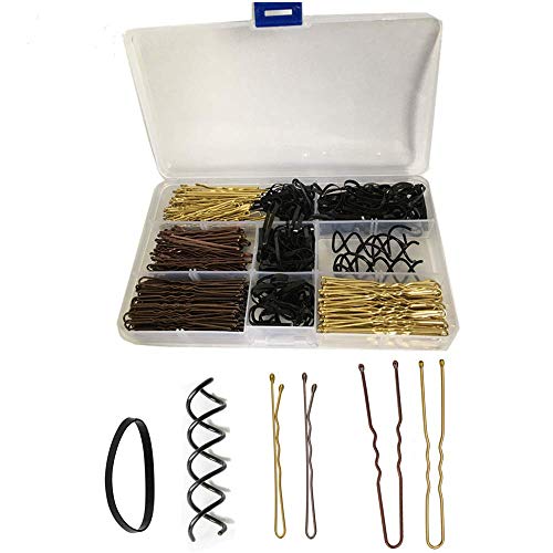 TOKERD 300 Pinza de Pelo y U Horquillas de Pelo Metal Clips de Pelo Bollo Pin de peluquería y 150 cintas para el pelo y 3 alfileres para Niñas y Mujeres con Caja de Almacenamiento