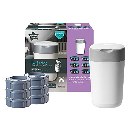 Tommee Tippee Twist & Click Sangenic Sistema avanzado para desechar pañales con 6 recambios, Blanco/Gris