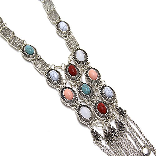 Tpocean Vintage Rhinestone Retro Plata Oro Turquesa Boho Largo Bohemio Declaración Ethnic Tribal Collar para Mujer