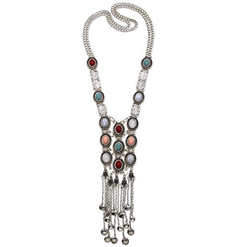 Tpocean Vintage Rhinestone Retro Plata Oro Turquesa Boho Largo Bohemio Declaración Ethnic Tribal Collar para Mujer