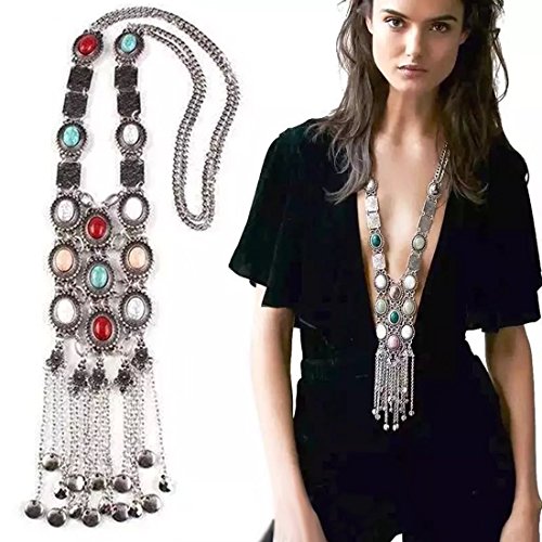 Tpocean Vintage Rhinestone Retro Plata Oro Turquesa Boho Largo Bohemio Declaración Ethnic Tribal Collar para Mujer