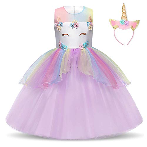 TTYAOVO Chicas Estrella Unicornio Fancy Vestido Princesa Flor Desfile de Niños Vestidos sin Mangas Volantes Vestido de Fiesta Talla 5-6 Años Púrpura